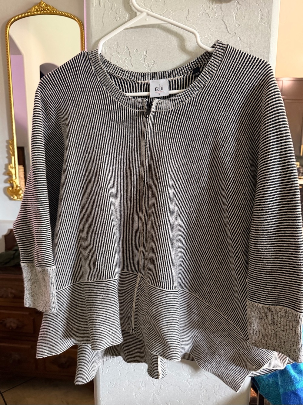 CAbi Black and White Striped Zip-Front Cardigan